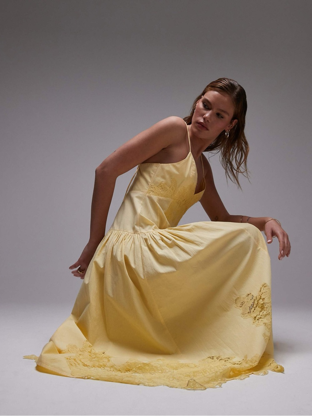 Topshop cutwork poplin midi maxi in lemon Lace-Trim Dress dropped waist - Picture 3 of 8